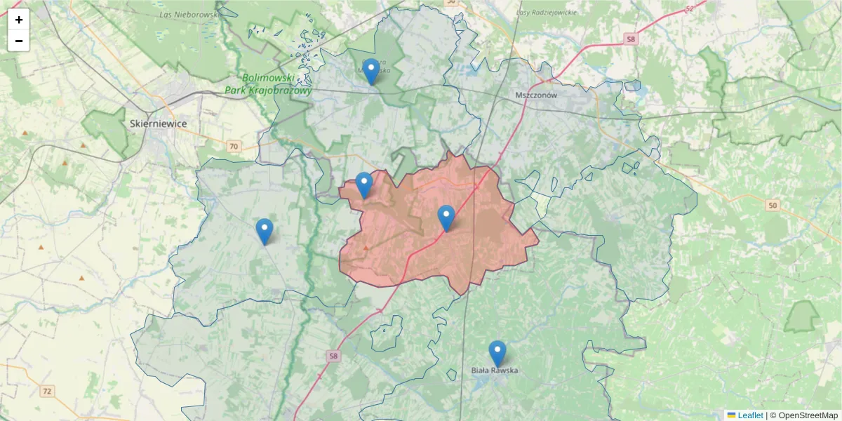 Szczegółowa mapa kodu pocztowego 96-111 z granicami, sąsiednimi kodami pocztowymi i urzędami pocztowymi