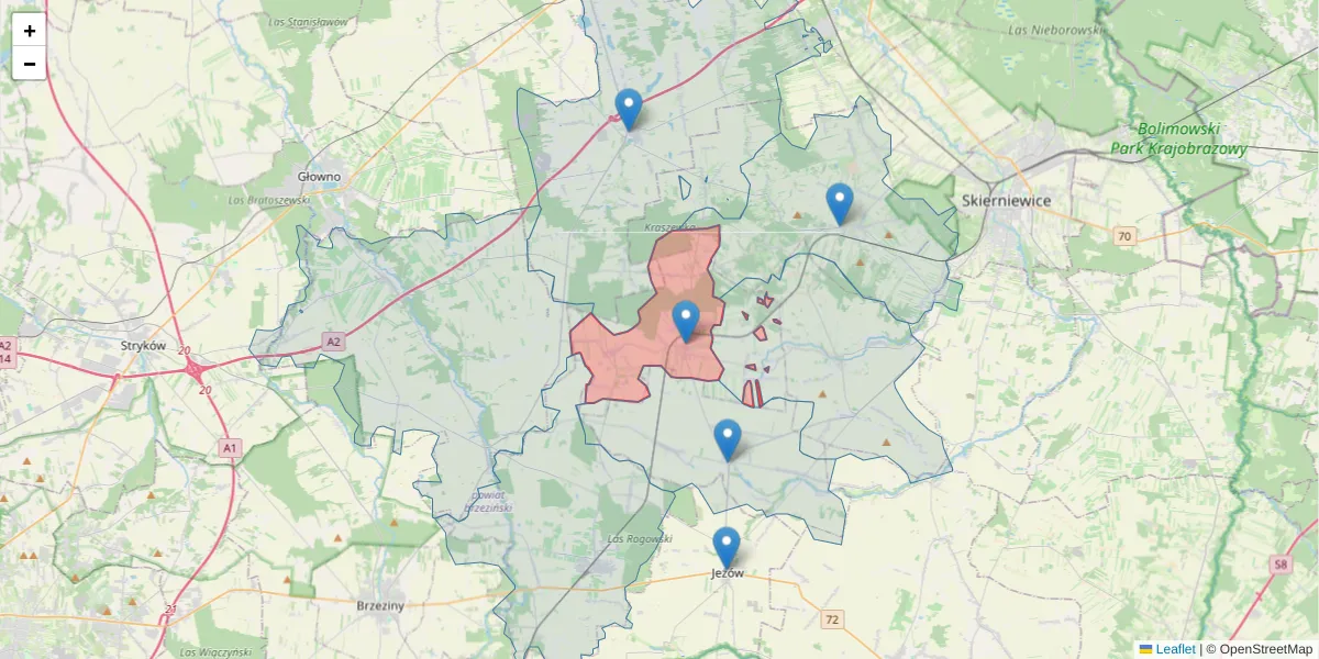 Szczegółowa mapa kodu pocztowego 96-127 z granicami, sąsiednimi kodami pocztowymi i urzędami pocztowymi