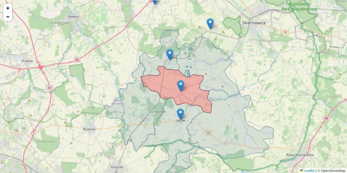 Szczegółowa mapa kodu pocztowego 96-128 z granicami, sąsiednimi kodami pocztowymi i urzędami pocztowymi