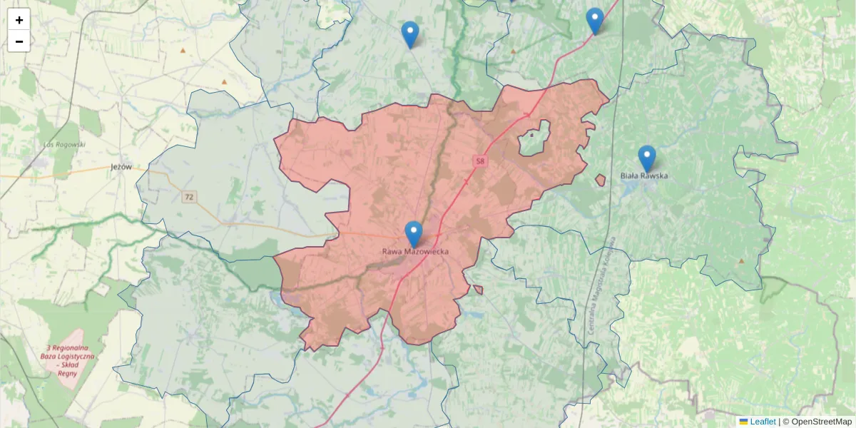 Szczegółowa mapa kodu pocztowego 96-200 z granicami, sąsiednimi kodami pocztowymi i urzędami pocztowymi