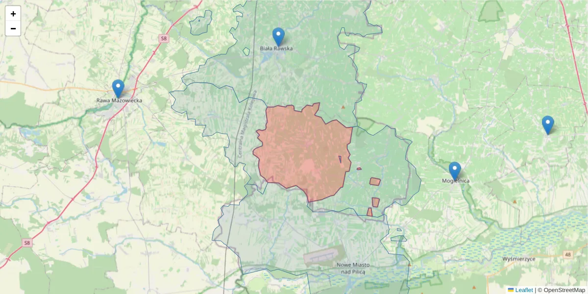 Szczegółowa mapa kodu pocztowego 96-206 z granicami, sąsiednimi kodami pocztowymi i urzędami pocztowymi