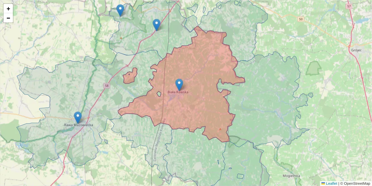 Szczegółowa mapa kodu pocztowego 96-230 z granicami, sąsiednimi kodami pocztowymi i urzędami pocztowymi