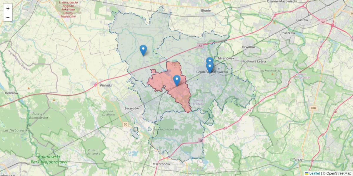 Szczegółowa mapa kodu pocztowego 96-313 z granicami, sąsiednimi kodami pocztowymi i urzędami pocztowymi