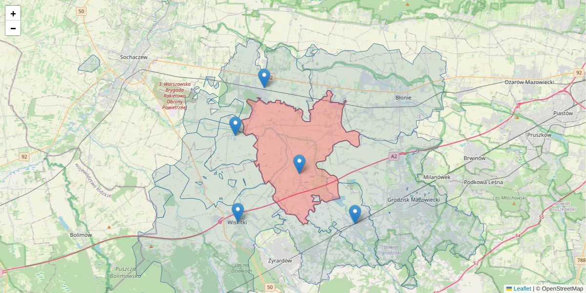 Szczegółowa mapa kodu pocztowego 96-314 z granicami, sąsiednimi kodami pocztowymi i urzędami pocztowymi