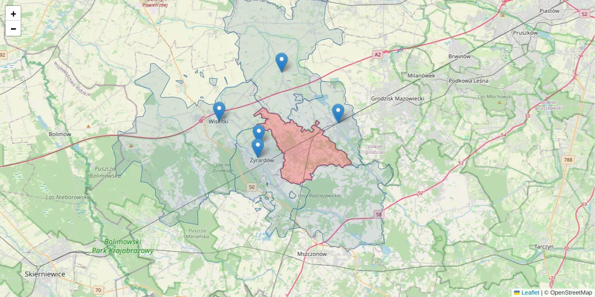 Szczegółowa mapa kodu pocztowego 96-316 z granicami, sąsiednimi kodami pocztowymi i urzędami pocztowymi
