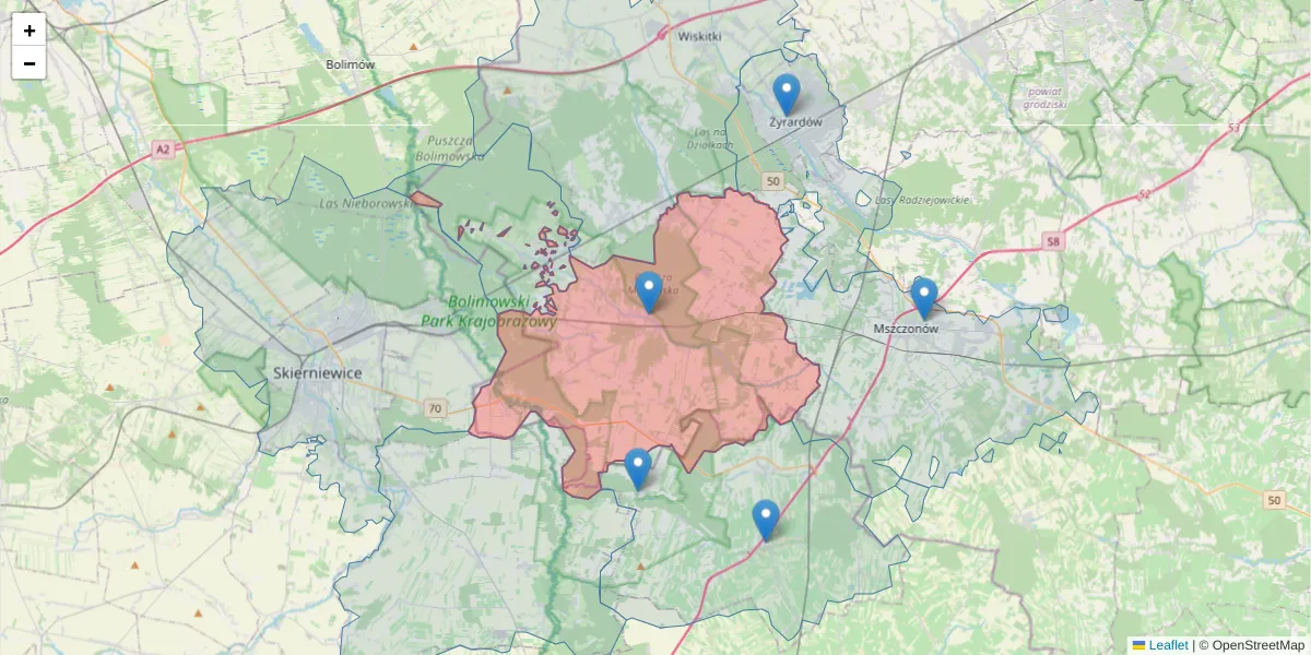 Szczegółowa mapa kodu pocztowego 96-330 z granicami, sąsiednimi kodami pocztowymi i urzędami pocztowymi