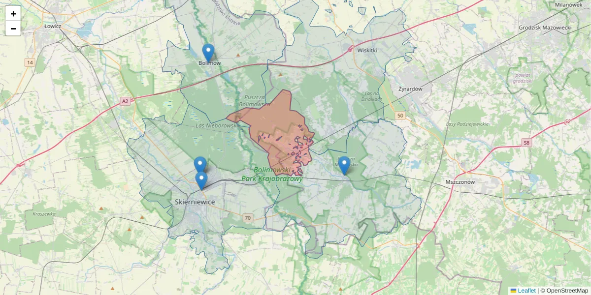 Szczegółowa mapa kodu pocztowego 96-332 z granicami, sąsiednimi kodami pocztowymi i urzędami pocztowymi