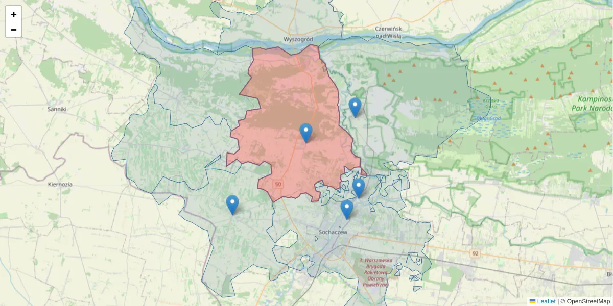 Szczegółowa mapa kodu pocztowego 96-512 z granicami, sąsiednimi kodami pocztowymi i urzędami pocztowymi