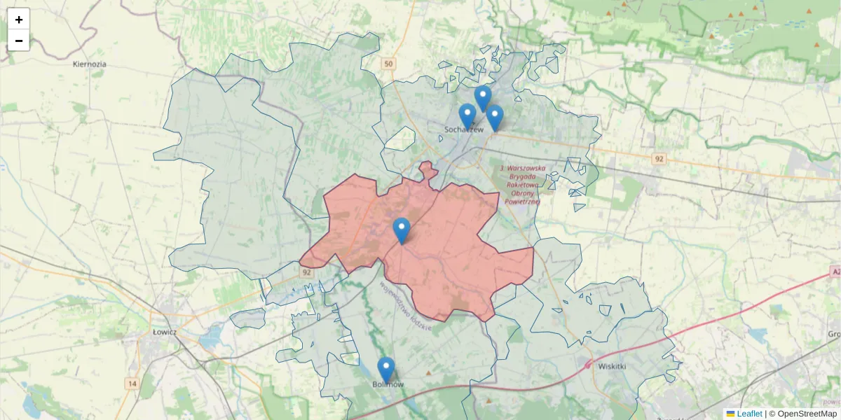 Szczegółowa mapa kodu pocztowego 96-513 z granicami, sąsiednimi kodami pocztowymi i urzędami pocztowymi