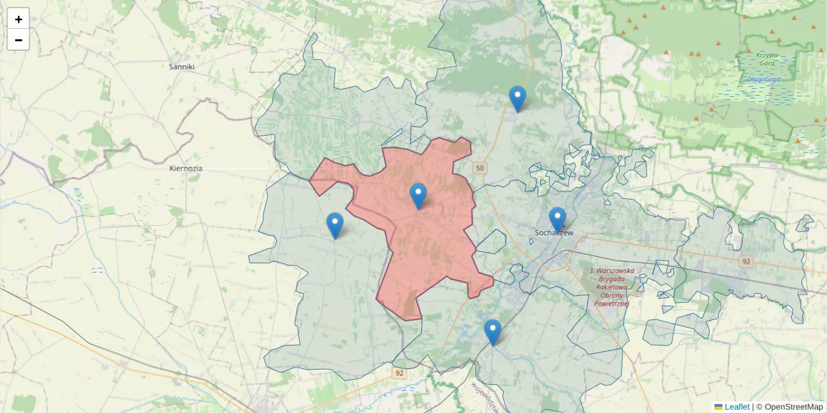 Szczegółowa mapa kodu pocztowego 96-514 z granicami, sąsiednimi kodami pocztowymi i urzędami pocztowymi