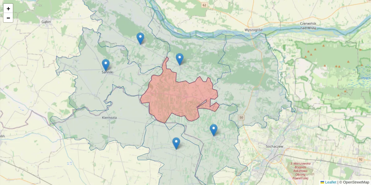Szczegółowa mapa kodu pocztowego 96-521 z granicami, sąsiednimi kodami pocztowymi i urzędami pocztowymi
