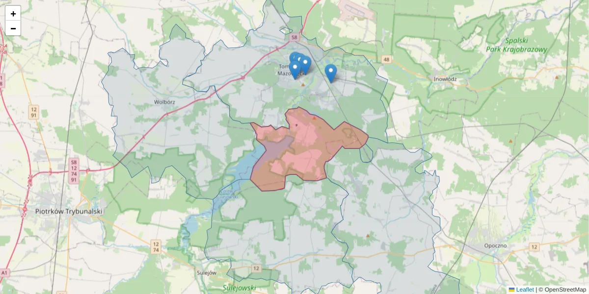 Szczegółowa mapa kodu pocztowego 97-213 z granicami, sąsiednimi kodami pocztowymi i urzędami pocztowymi