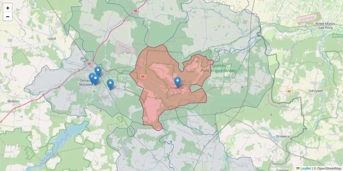 Szczegółowa mapa kodu pocztowego 97-215 z granicami, sąsiednimi kodami pocztowymi i urzędami pocztowymi