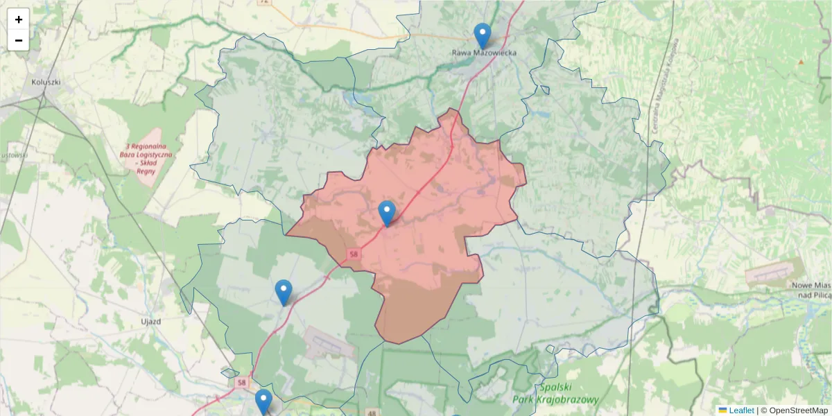 Szczegółowa mapa kodu pocztowego 97-216 z granicami, sąsiednimi kodami pocztowymi i urzędami pocztowymi