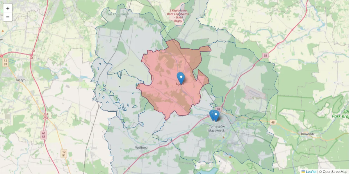 Szczegółowa mapa kodu pocztowego 97-225 z granicami, sąsiednimi kodami pocztowymi i urzędami pocztowymi