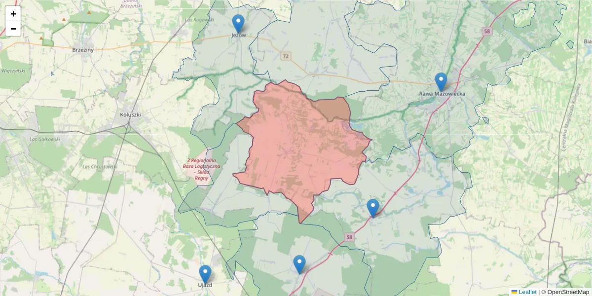 Szczegółowa mapa kodu pocztowego 97-226 z granicami, sąsiednimi kodami pocztowymi i urzędami pocztowymi