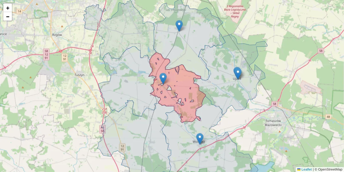 Szczegółowa mapa kodu pocztowego 97-319 z granicami, sąsiednimi kodami pocztowymi i urzędami pocztowymi