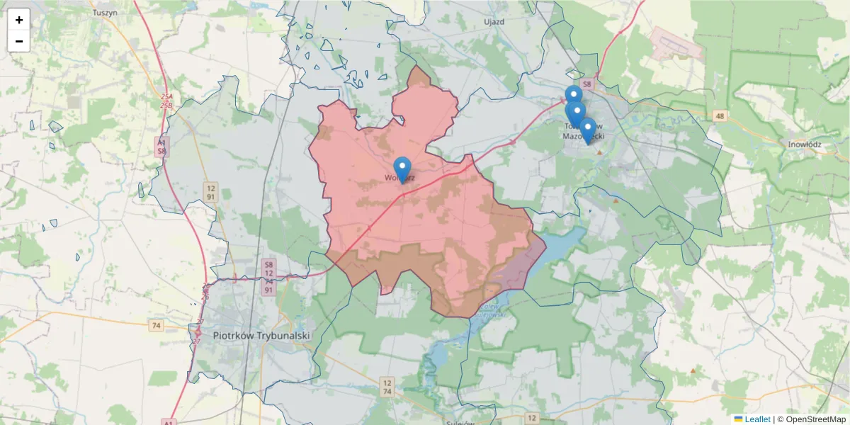 Szczegółowa mapa kodu pocztowego 97-320 z granicami, sąsiednimi kodami pocztowymi i urzędami pocztowymi