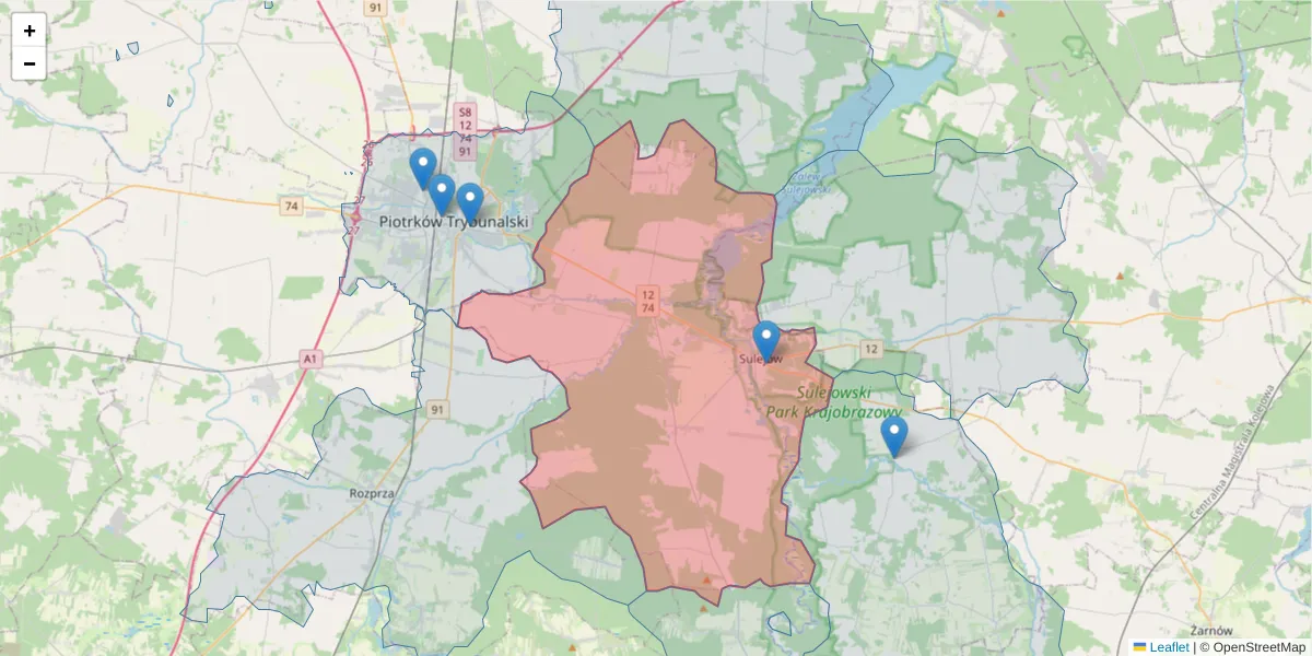 Szczegółowa mapa kodu pocztowego 97-330 z granicami, sąsiednimi kodami pocztowymi i urzędami pocztowymi