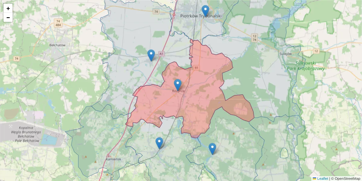Szczegółowa mapa kodu pocztowego 97-340 z granicami, sąsiednimi kodami pocztowymi i urzędami pocztowymi