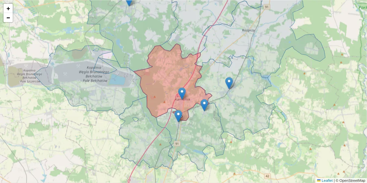 Szczegółowa mapa kodu pocztowego 97-360 z granicami, sąsiednimi kodami pocztowymi i urzędami pocztowymi