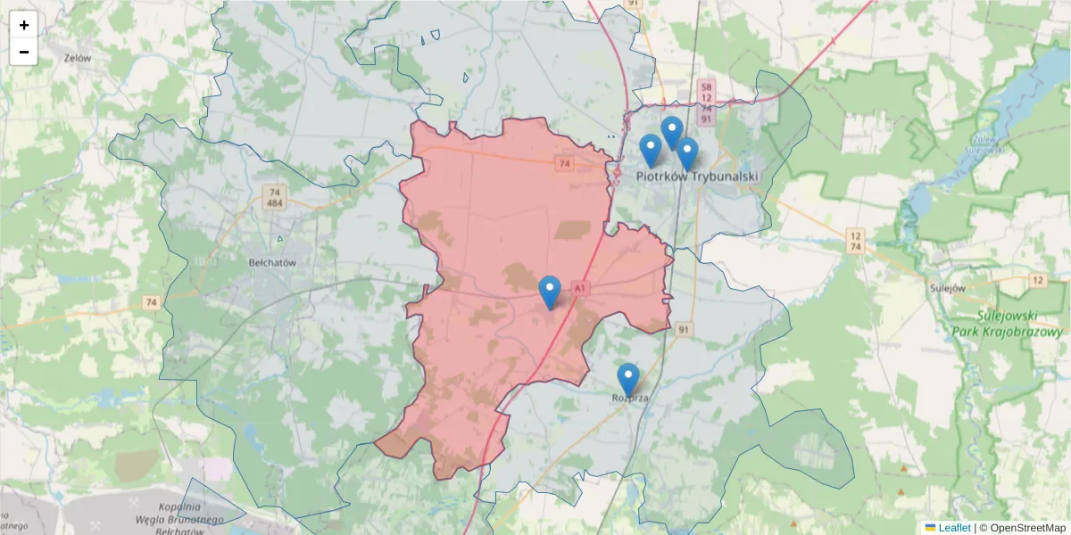 Szczegółowa mapa kodu pocztowego 97-371 z granicami, sąsiednimi kodami pocztowymi i urzędami pocztowymi