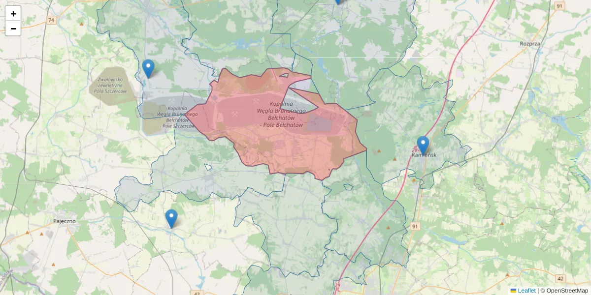 Szczegółowa mapa kodu pocztowego 97-410 z granicami, sąsiednimi kodami pocztowymi i urzędami pocztowymi