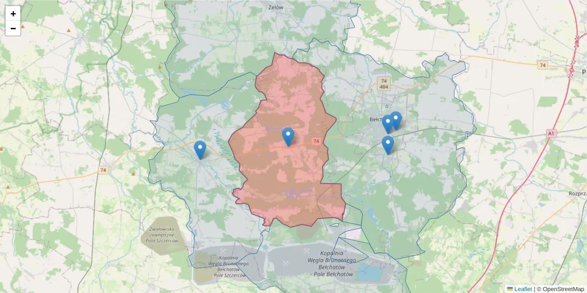 Szczegółowa mapa kodu pocztowego 97-415 z granicami, sąsiednimi kodami pocztowymi i urzędami pocztowymi