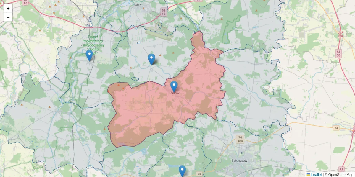 Szczegółowa mapa kodu pocztowego 97-425 z granicami, sąsiednimi kodami pocztowymi i urzędami pocztowymi