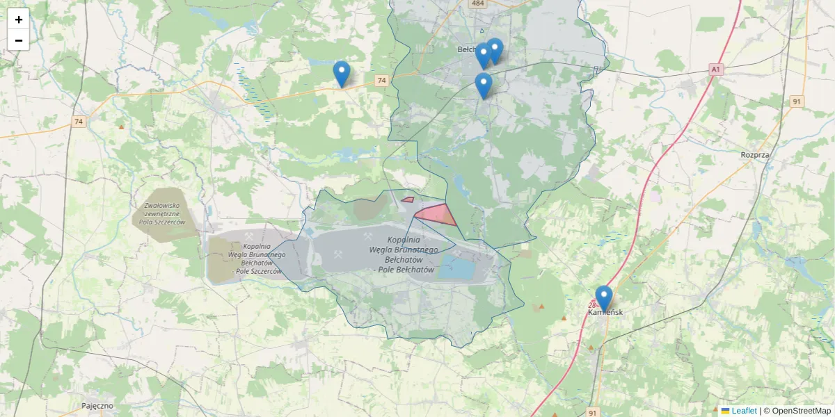 Szczegółowa mapa kodu pocztowego 97-427 z granicami, sąsiednimi kodami pocztowymi i urzędami pocztowymi