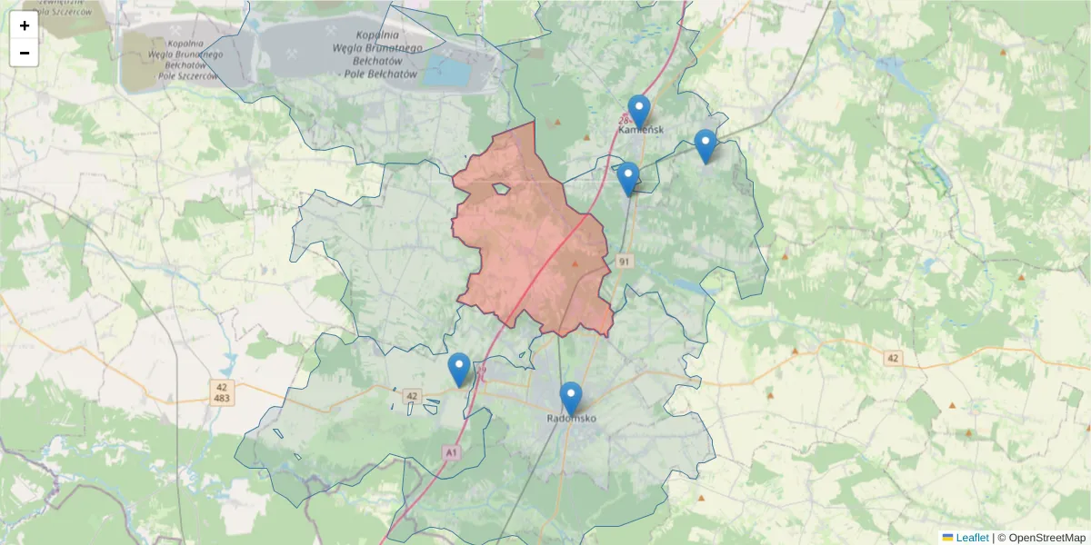 Szczegółowa mapa kodu pocztowego 97-505 z granicami, sąsiednimi kodami pocztowymi i urzędami pocztowymi