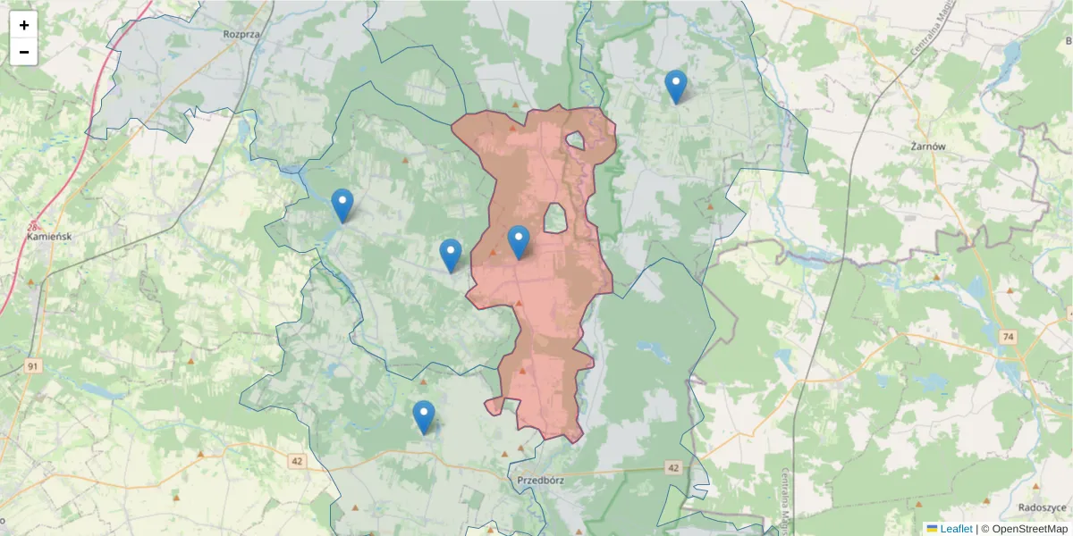 Szczegółowa mapa kodu pocztowego 97-510 z granicami, sąsiednimi kodami pocztowymi i urzędami pocztowymi