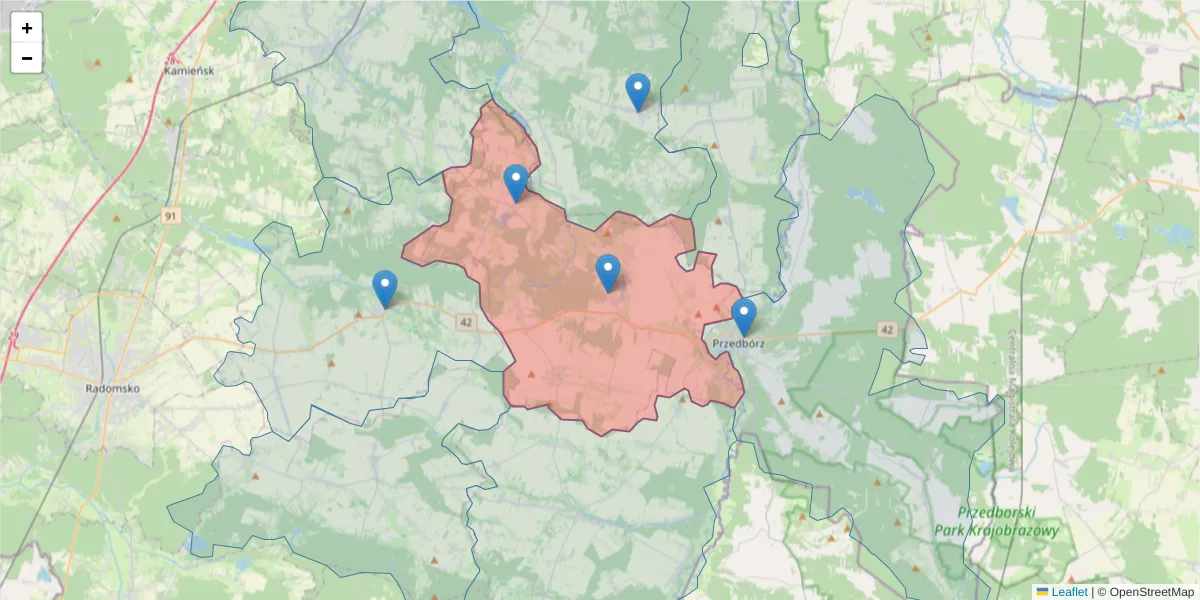 Szczegółowa mapa kodu pocztowego 97-515 z granicami, sąsiednimi kodami pocztowymi i urzędami pocztowymi