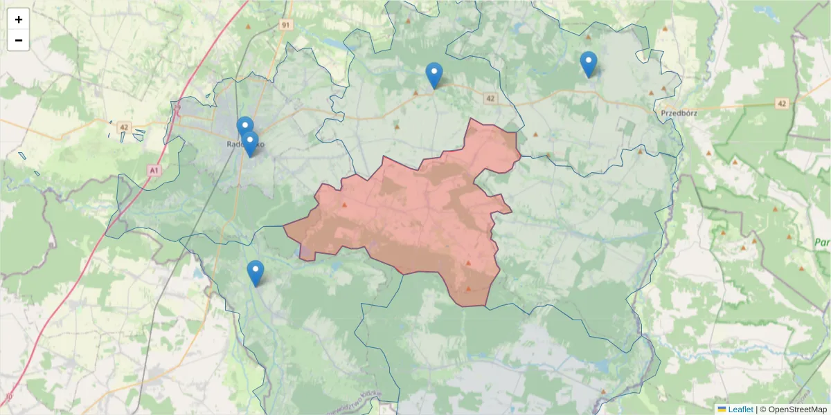 Szczegółowa mapa kodu pocztowego 97-524 z granicami, sąsiednimi kodami pocztowymi i urzędami pocztowymi
