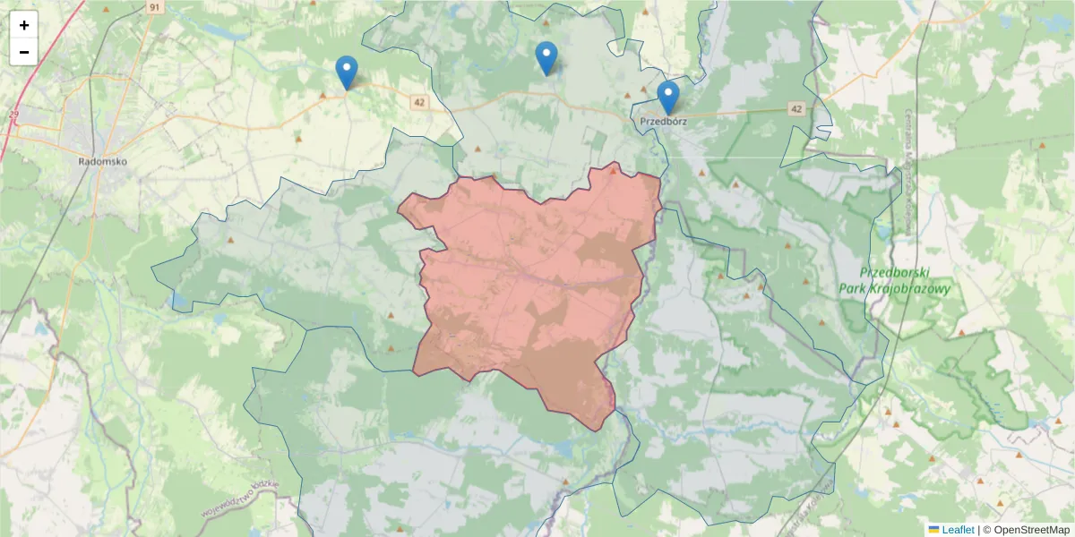 Szczegółowa mapa kodu pocztowego 97-525 z granicami, sąsiednimi kodami pocztowymi i urzędami pocztowymi