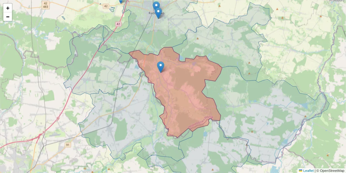 Szczegółowa mapa kodu pocztowego 97-540 z granicami, sąsiednimi kodami pocztowymi i urzędami pocztowymi