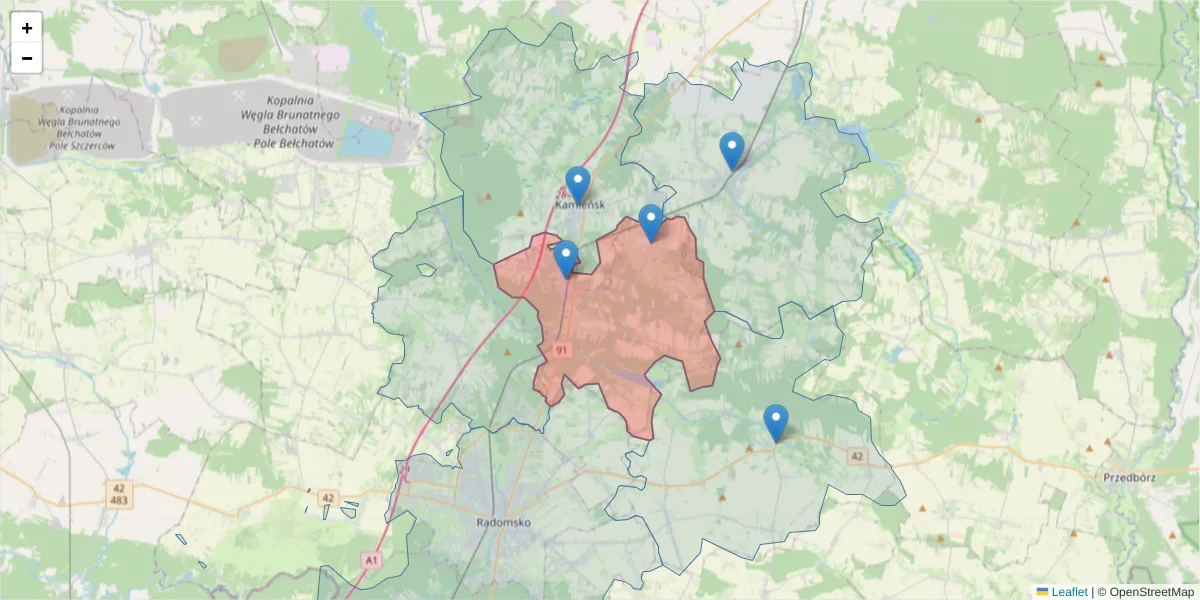 Szczegółowa mapa kodu pocztowego 97-545 z granicami, sąsiednimi kodami pocztowymi i urzędami pocztowymi