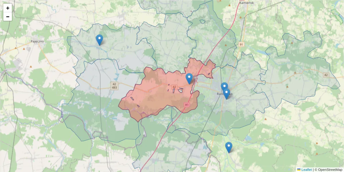 Szczegółowa mapa kodu pocztowego 97-561 z granicami, sąsiednimi kodami pocztowymi i urzędami pocztowymi