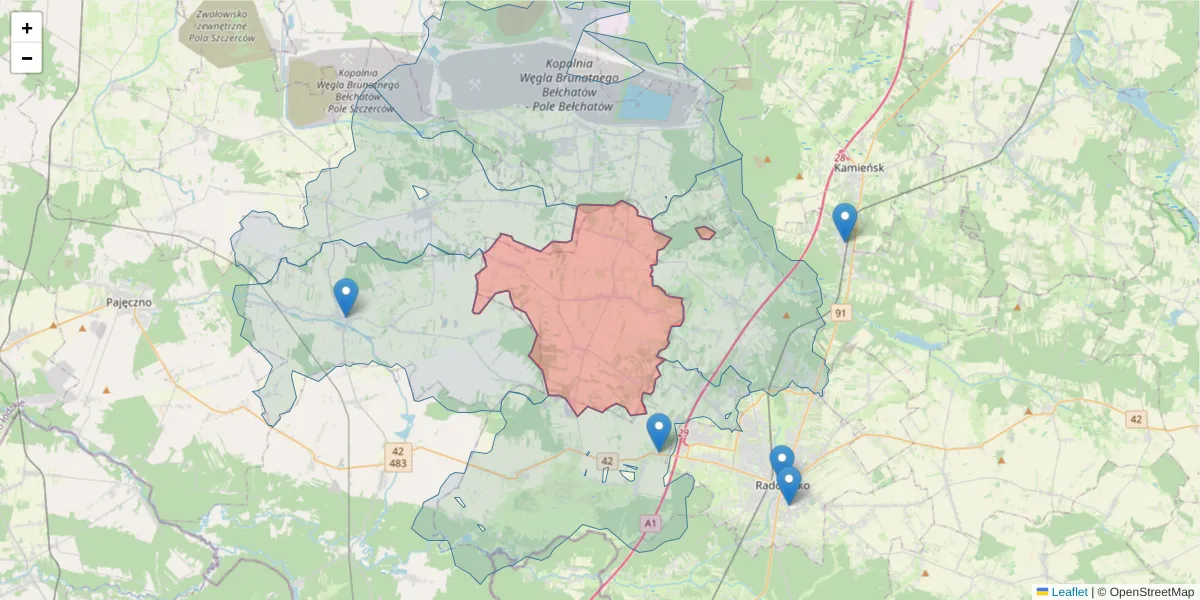 Szczegółowa mapa kodu pocztowego 97-565 z granicami, sąsiednimi kodami pocztowymi i urzędami pocztowymi