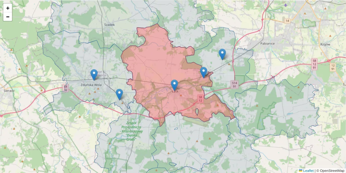 Szczegółowa mapa kodu pocztowego 98-100 z granicami, sąsiednimi kodami pocztowymi i urzędami pocztowymi