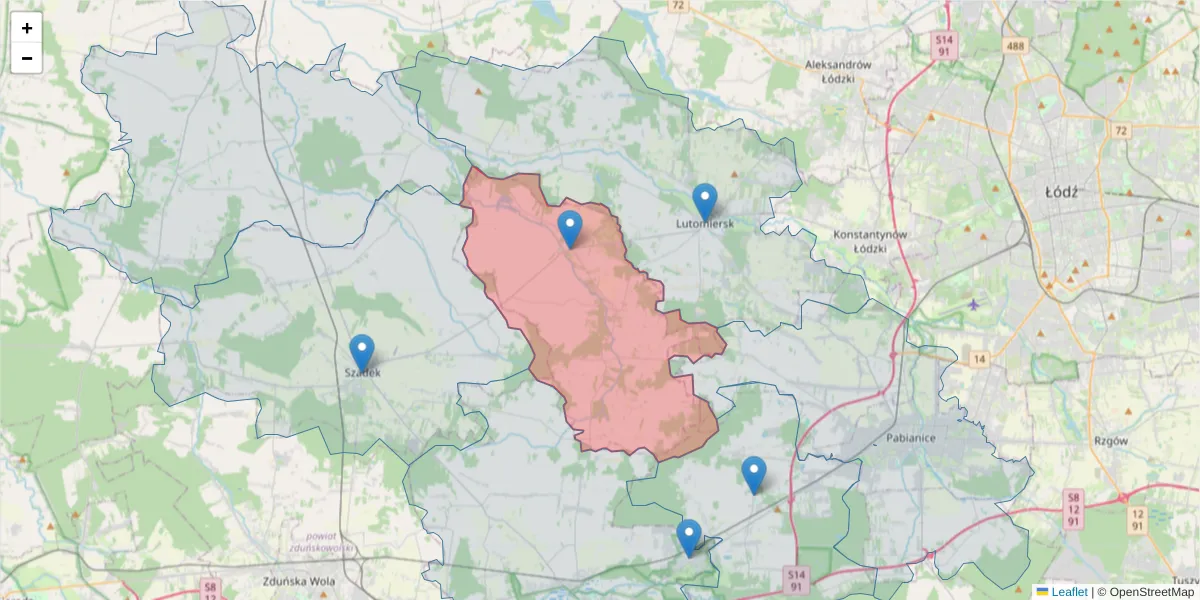 Szczegółowa mapa kodu pocztowego 98-105 z granicami, sąsiednimi kodami pocztowymi i urzędami pocztowymi