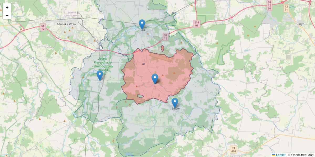 Szczegółowa mapa kodu pocztowego 98-113 z granicami, sąsiednimi kodami pocztowymi i urzędami pocztowymi