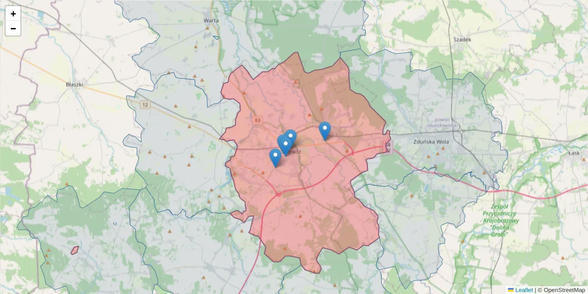 Szczegółowa mapa kodu pocztowego 98-200 z granicami, sąsiednimi kodami pocztowymi i urzędami pocztowymi