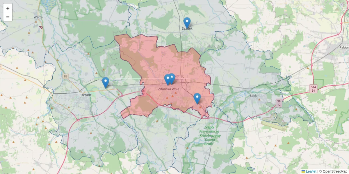 Szczegółowa mapa kodu pocztowego 98-220 z granicami, sąsiednimi kodami pocztowymi i urzędami pocztowymi