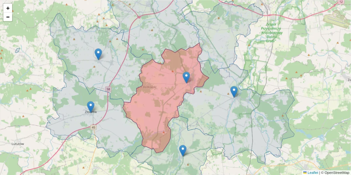 Szczegółowa mapa kodu pocztowego 98-260 z granicami, sąsiednimi kodami pocztowymi i urzędami pocztowymi