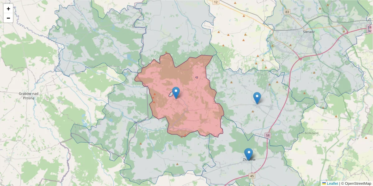 Szczegółowa mapa kodu pocztowego 98-277 z granicami, sąsiednimi kodami pocztowymi i urzędami pocztowymi