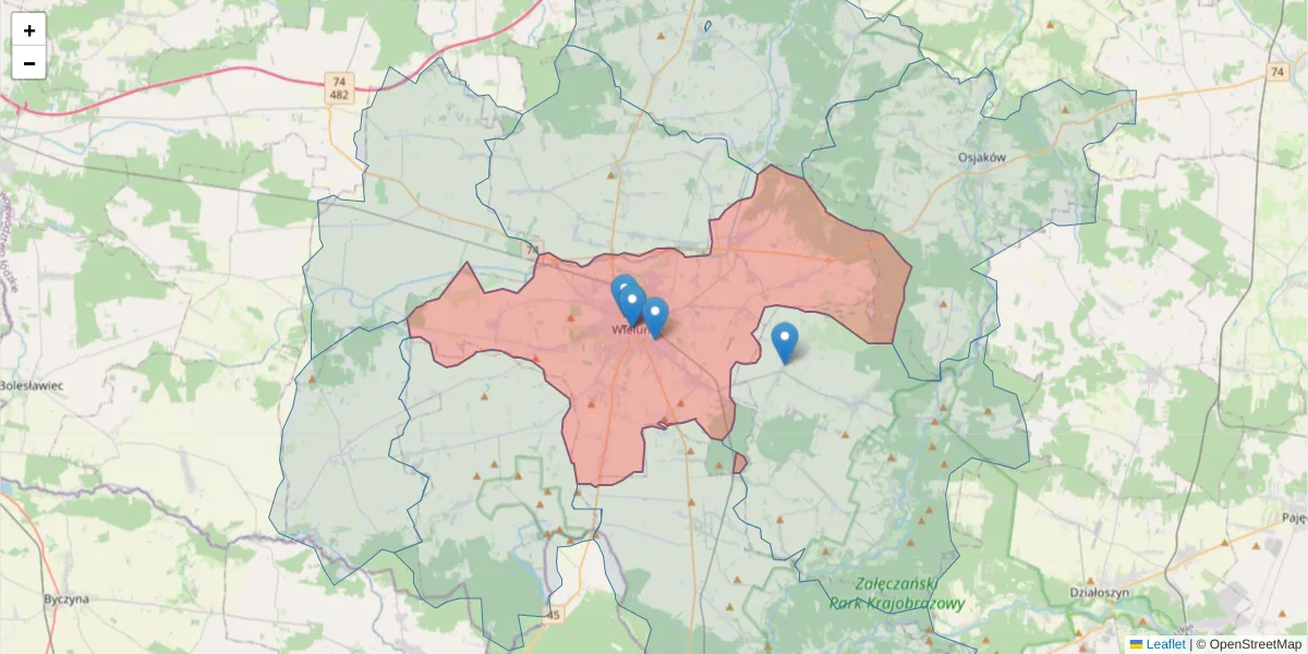 Szczegółowa mapa kodu pocztowego 98-300 z granicami, sąsiednimi kodami pocztowymi i urzędami pocztowymi