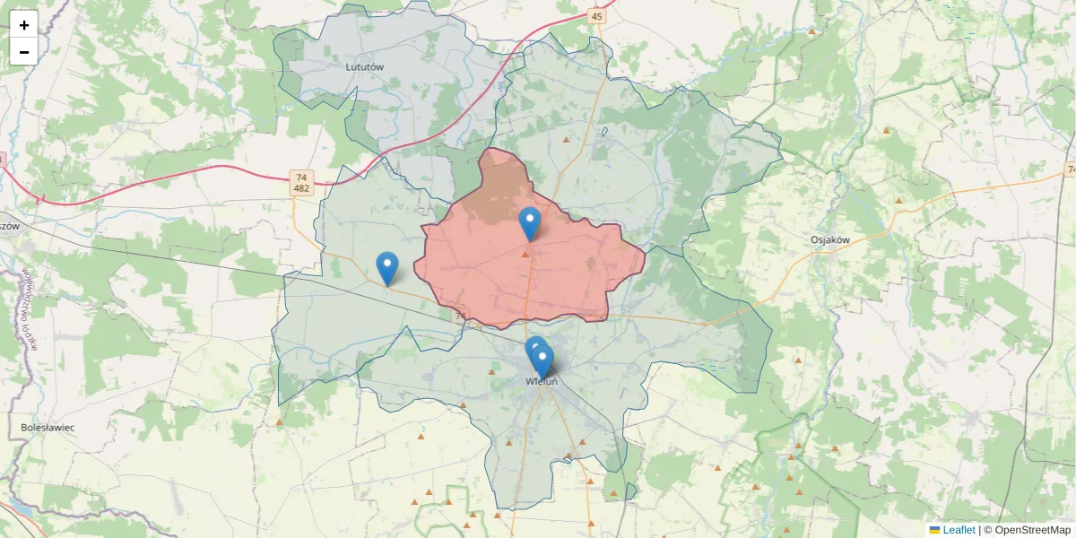Szczegółowa mapa kodu pocztowego 98-310 z granicami, sąsiednimi kodami pocztowymi i urzędami pocztowymi