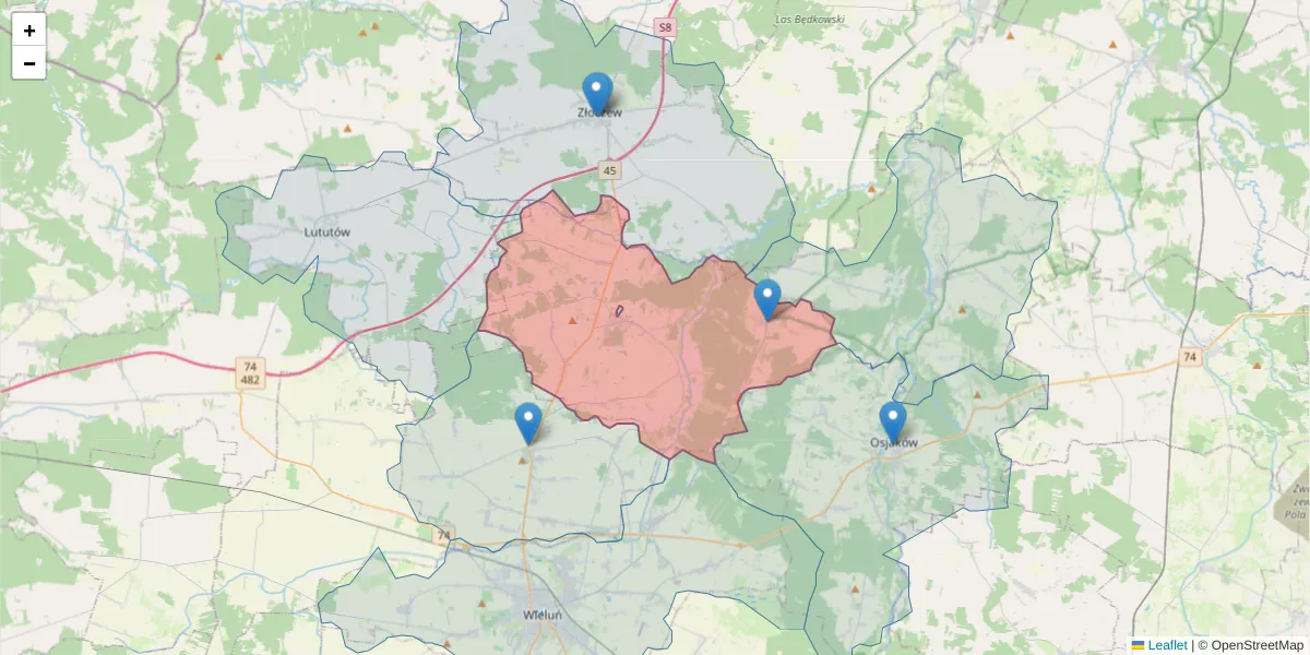Szczegółowa mapa kodu pocztowego 98-311 z granicami, sąsiednimi kodami pocztowymi i urzędami pocztowymi