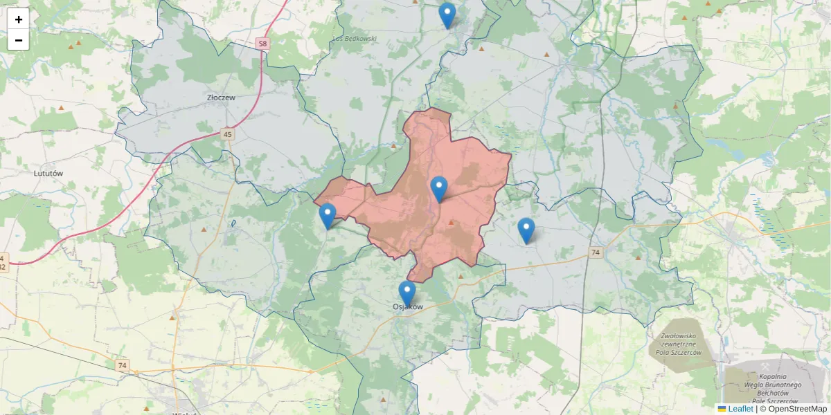 Szczegółowa mapa kodu pocztowego 98-313 z granicami, sąsiednimi kodami pocztowymi i urzędami pocztowymi